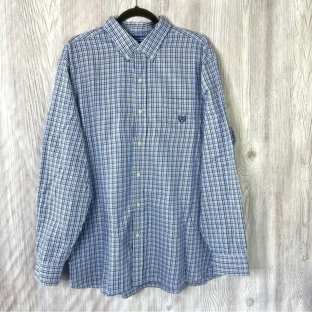 Chaps Men's XL Blue & White Plaid Long Sleeve Button Down Shirt Easy Care
